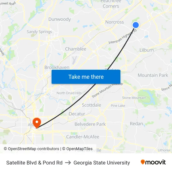 Satellite Blvd & Pond Rd to Georgia State University map