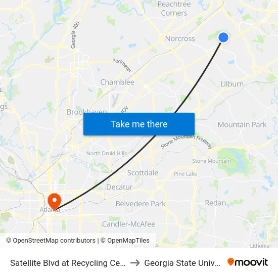 Satellite Blvd at Recycling Center Ib to Georgia State University map
