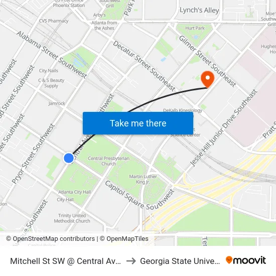 Mitchell St SW @ Central Ave SW to Georgia State University map