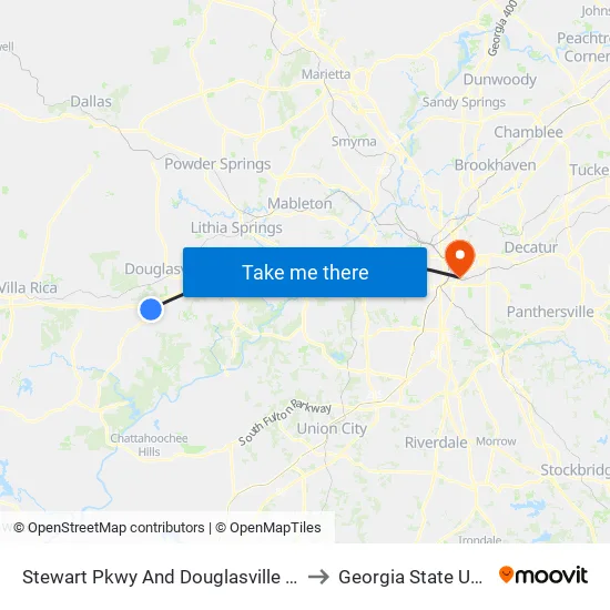 Stewart Pkwy And Douglasville Town Center to Georgia State University map