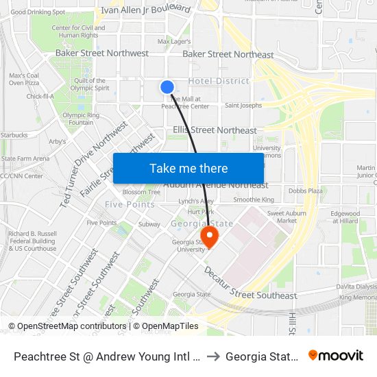 Peachtree St @ Andrew Young Intl Blvd (Peachtree Ctr Stn) to Georgia State University map