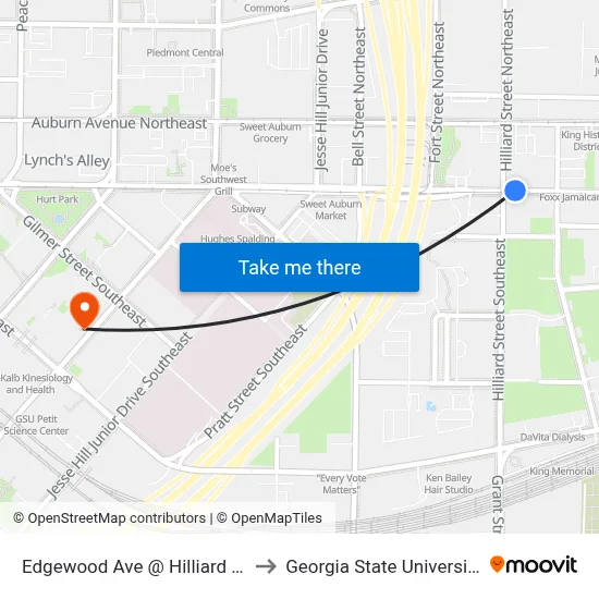 Edgewood Ave @ Hilliard St to Georgia State University map