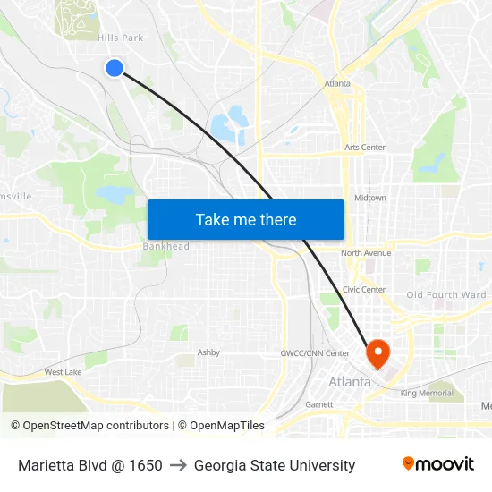 Marietta Blvd @ 1650 to Georgia State University map