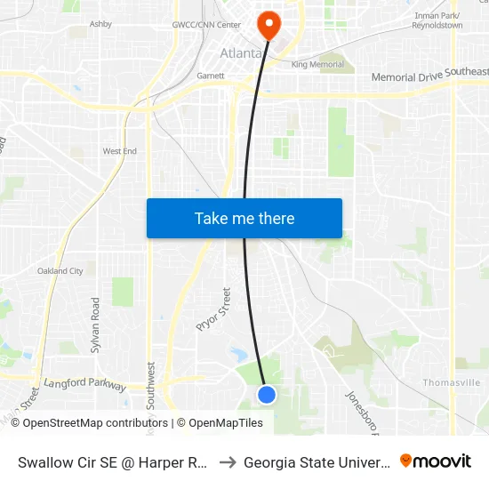 Swallow Cir SE @ Harper Rd SE to Georgia State University map