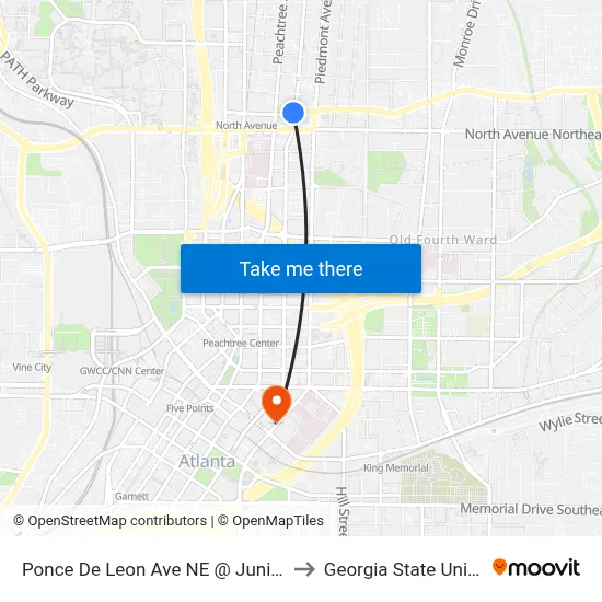 Ponce De Leon Ave NE @ Juniper St NE to Georgia State University map