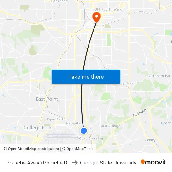 Porsche Ave @ Porsche Dr to Georgia State University map