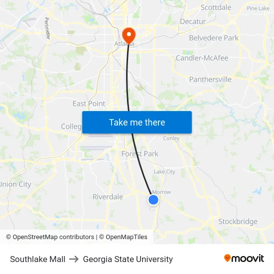 Southlake Mall to Georgia State University map