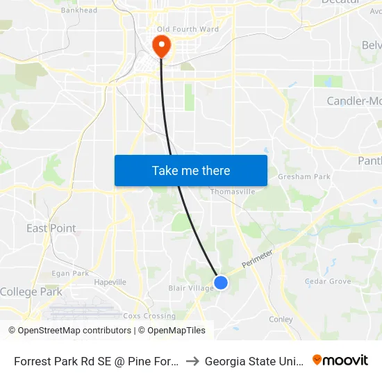 Forrest Park Rd SE @ Pine Forest Dr SE to Georgia State University map