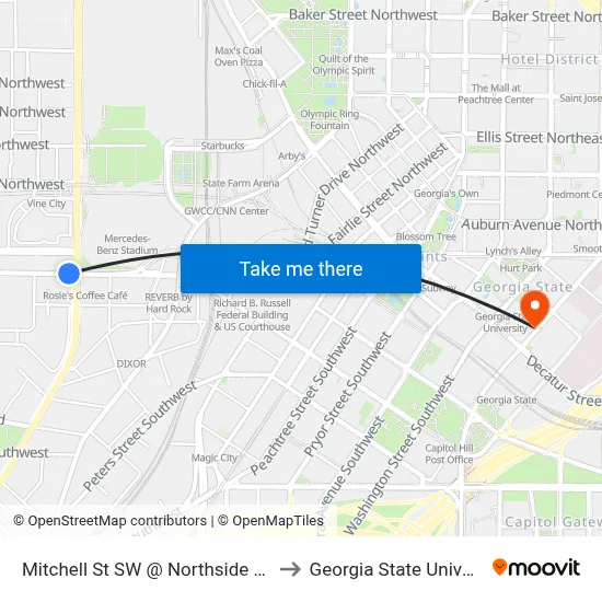 Mitchell St SW @ Northside Dr SW to Georgia State University map