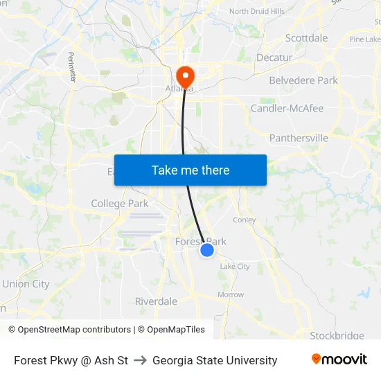 Forest Pkwy @ Ash St to Georgia State University map