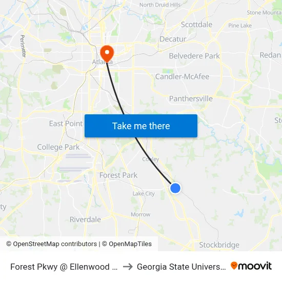 Forest Pkwy @ Ellenwood Rd to Georgia State University map