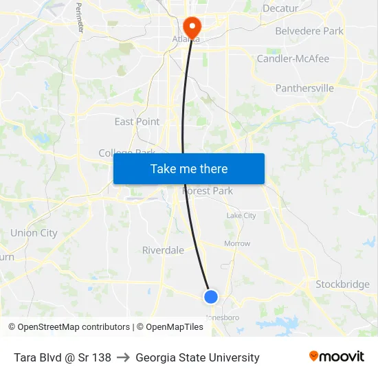 Tara Blvd @ Sr 138 to Georgia State University map