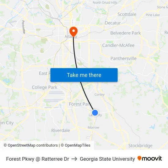 Forest Pkwy @ Ratterree Dr to Georgia State University map