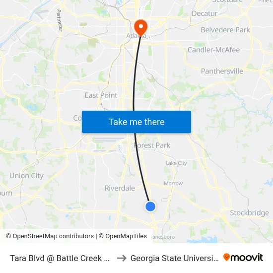 Tara Blvd @ Battle Creek Rd to Georgia State University map