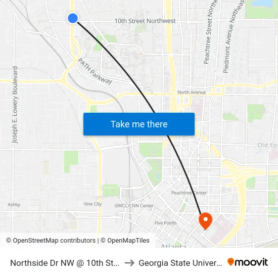 Northside Dr NW @ 10th St NW to Georgia State University map