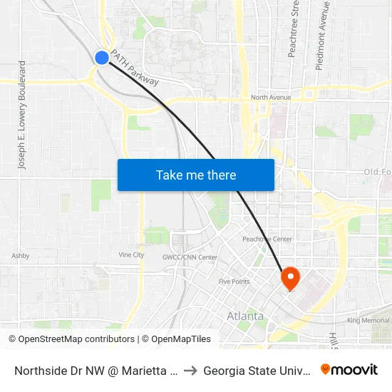 Northside Dr NW @ Marietta St NW to Georgia State University map