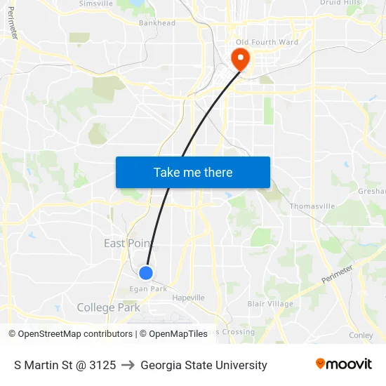 S Martin St @ 3125 to Georgia State University map