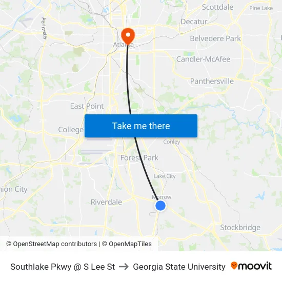 Southlake Pkwy @ S Lee St to Georgia State University map