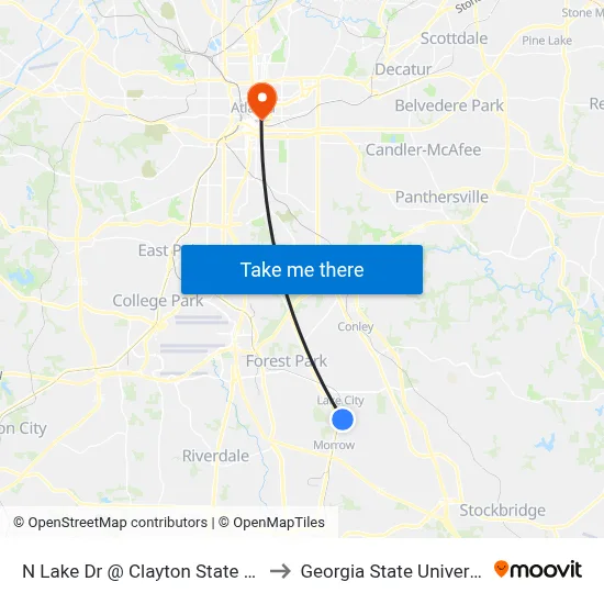 N Lake Dr @ Clayton State Blvd to Georgia State University map