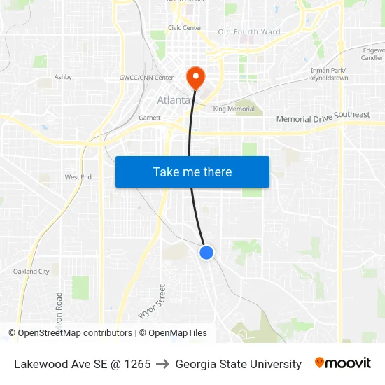 Lakewood Ave SE @ 1265 to Georgia State University map