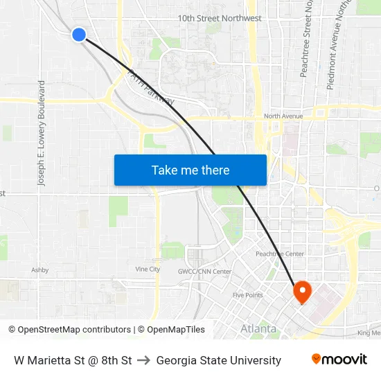 W Marietta St @ 8th St to Georgia State University map