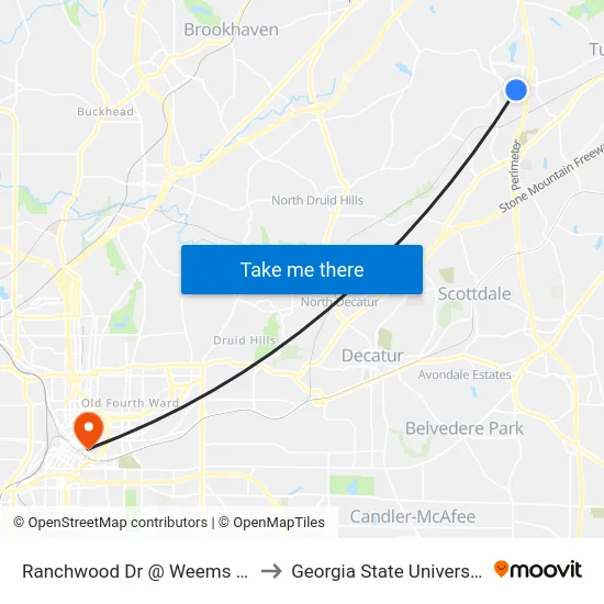 Ranchwood Dr @ Weems Rd to Georgia State University map