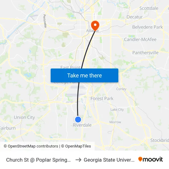 Church St @ Poplar Springs Rd to Georgia State University map