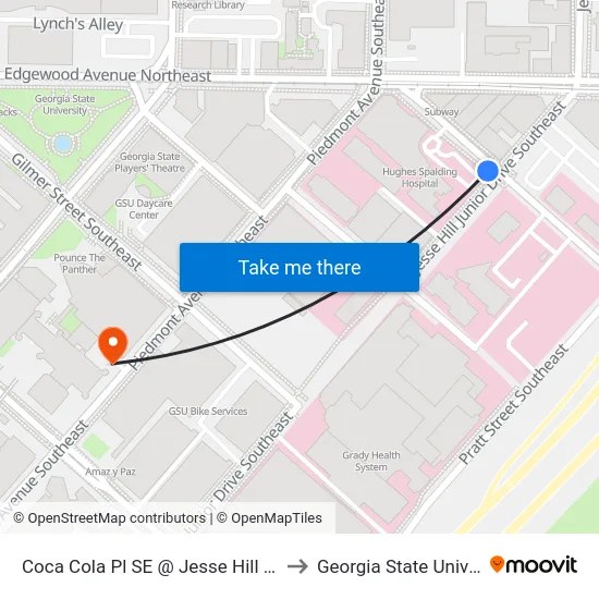 Coca Cola Pl SE @ Jesse Hill Jr Dr SE to Georgia State University map