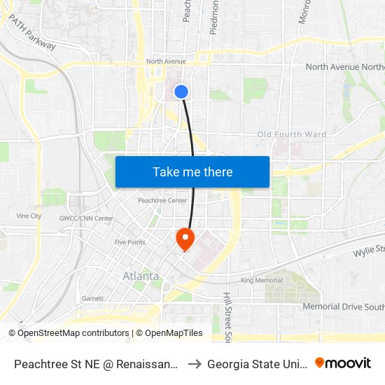 Peachtree St NE @ Renaissance Pky NE to Georgia State University map