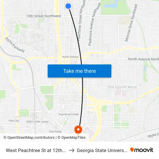West Peachtree St at 12th St to Georgia State University map