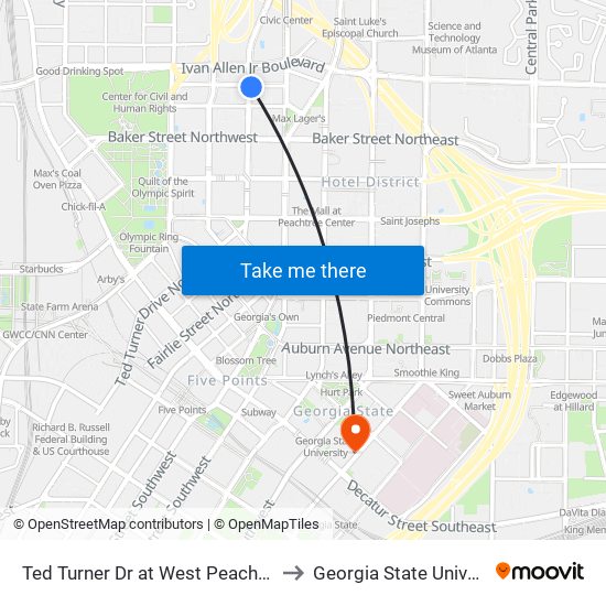 Ted Turner Dr at West Peachtree Pl to Georgia State University map