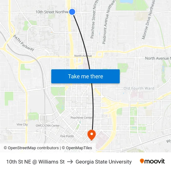 10th St NE @ Williams St to Georgia State University map