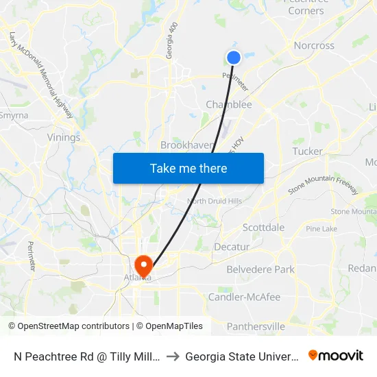N Peachtree Rd @ Tilly Mill Rd to Georgia State University map