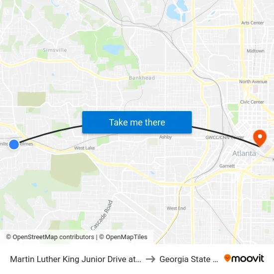 Martin Luther King Junior Drive at Stone Hurst Place to Georgia State University map