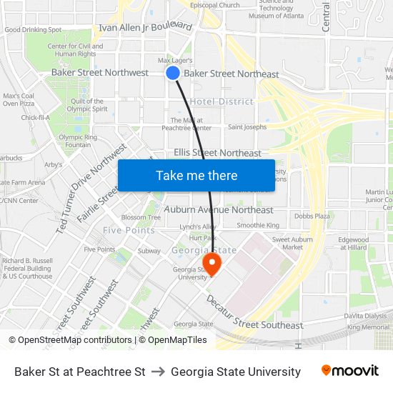 Baker St at Peachtree St to Georgia State University map