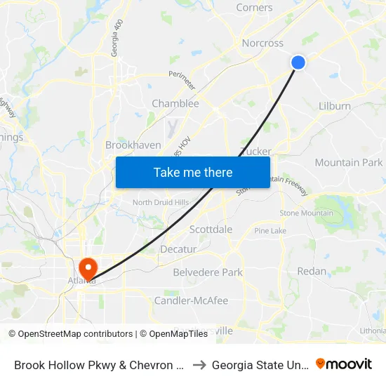 Brook Hollow Pkwy & Chevron Gas Station to Georgia State University map