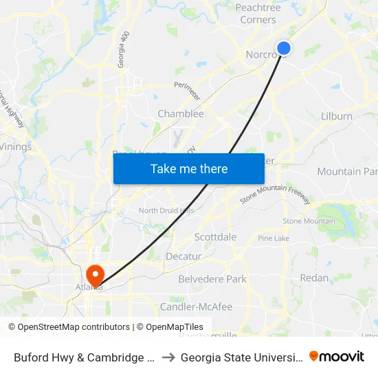 Buford Hwy & Cambridge St to Georgia State University map