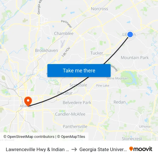 Lawrenceville Hwy & Indian Trail to Georgia State University map