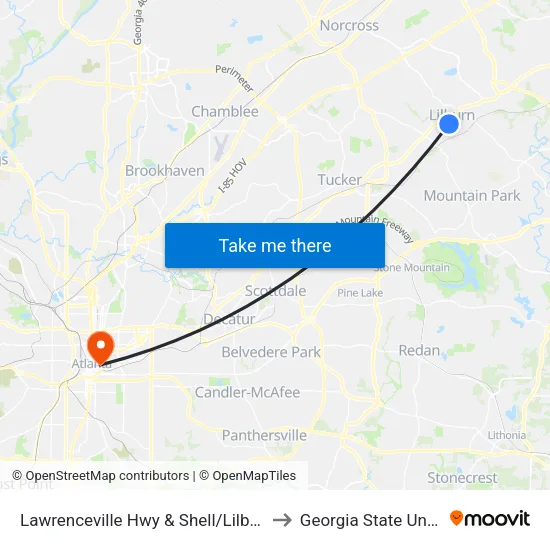 Lawrenceville Hwy & Shell/Lilburn Animal to Georgia State University map