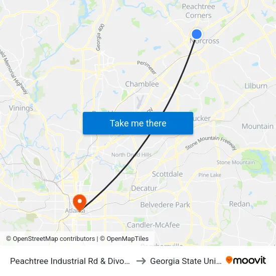 Peachtree Industrial Rd & Divots Sportsw to Georgia State University map