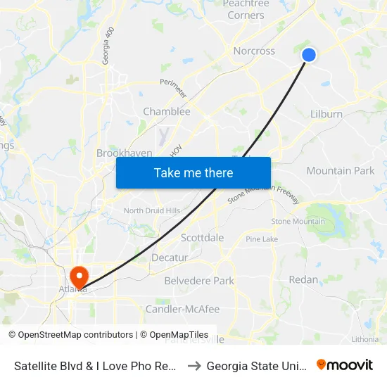 Satellite Blvd & I Love Pho Restaurant I to Georgia State University map