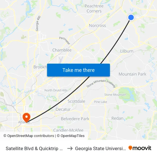 Satellite Blvd & Quicktrip Ob to Georgia State University map
