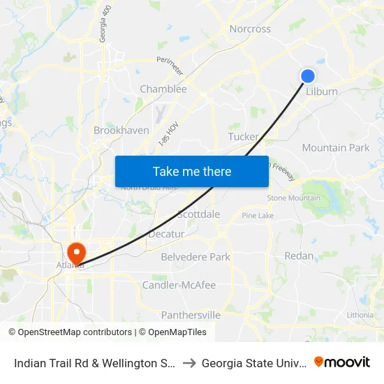 Indian Trail Rd & Wellington Sq Plaza to Georgia State University map