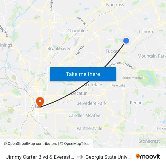 Jimmy Carter Blvd & Everest Tr Ob to Georgia State University map