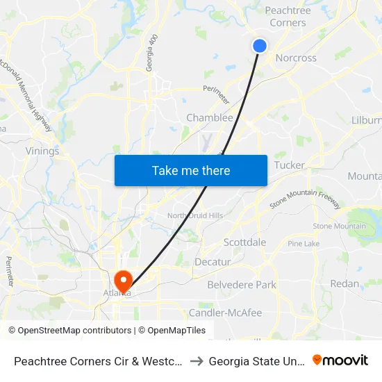 Peachtree Corners Cir & Westchase Villge to Georgia State University map