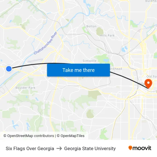 Six Flags Over Georgia to Georgia State University map