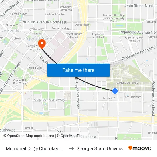 Memorial Dr @ Cherokee Ave to Georgia State University map