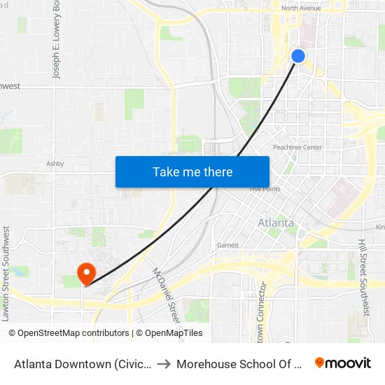 Atlanta Downtown (Civic Center) to Morehouse School Of Medicine map