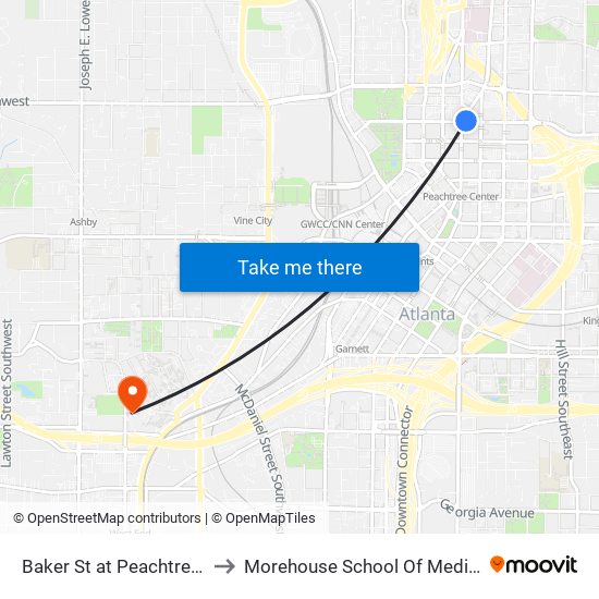 Baker St at Peachtree St to Morehouse School Of Medicine map