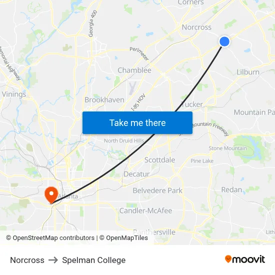 Norcross to Spelman College map